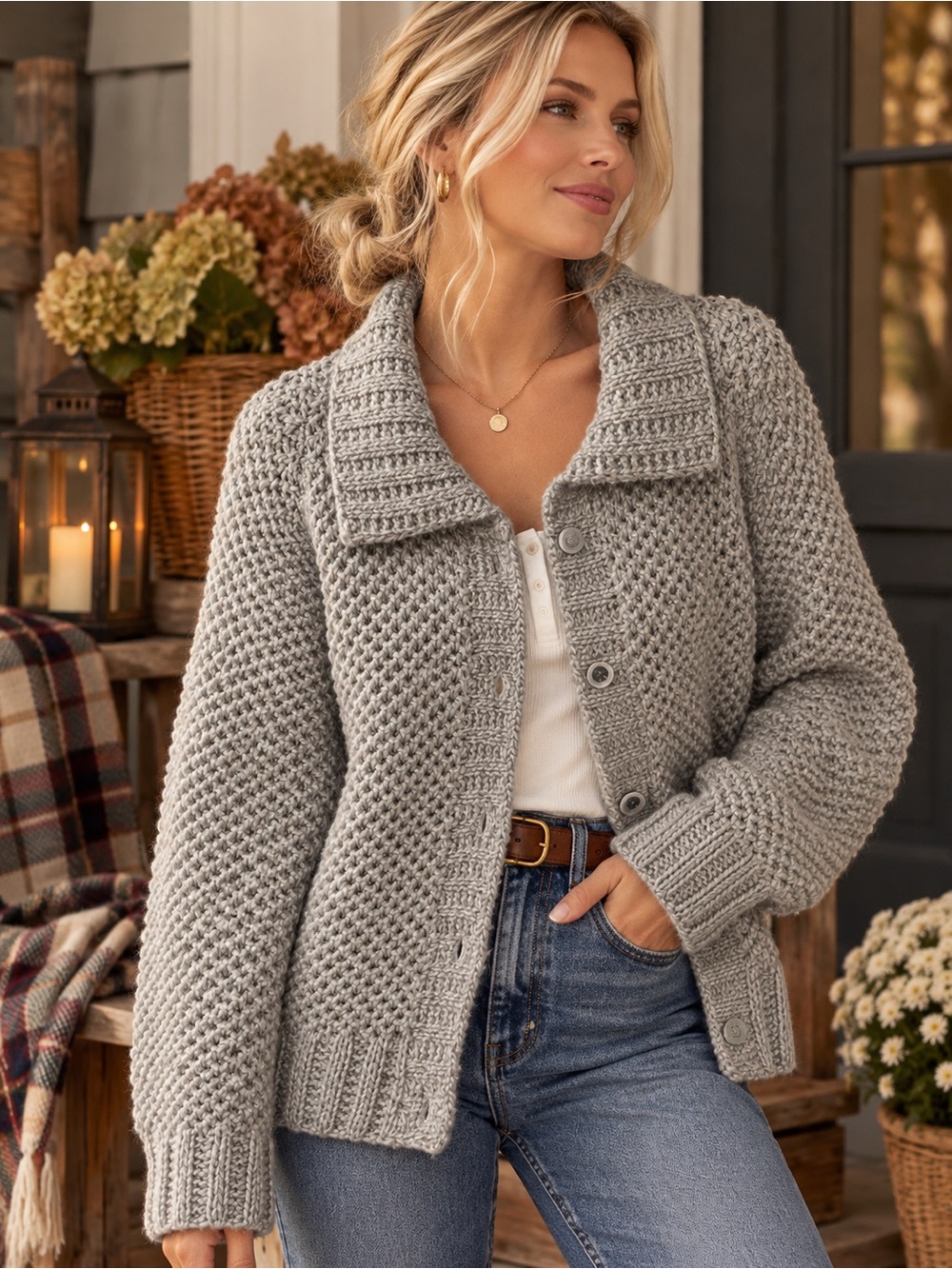 Hand Knit Gray Chunky Cardigan L Cottagecore Fall Sweater
